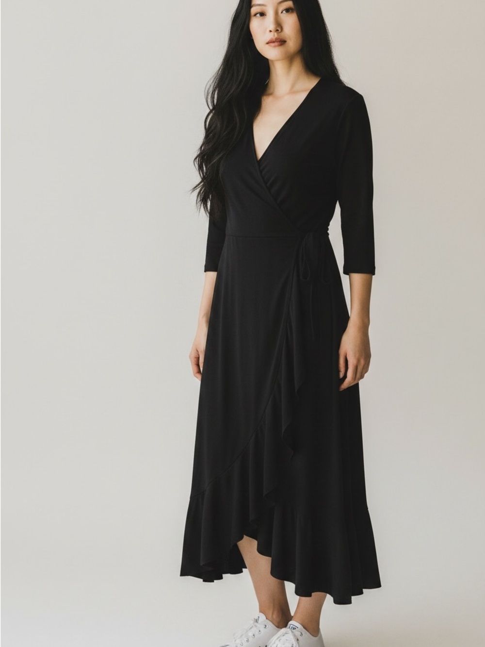 Terra & Sky Black Wrap Midi Dress with Ruffle Hem